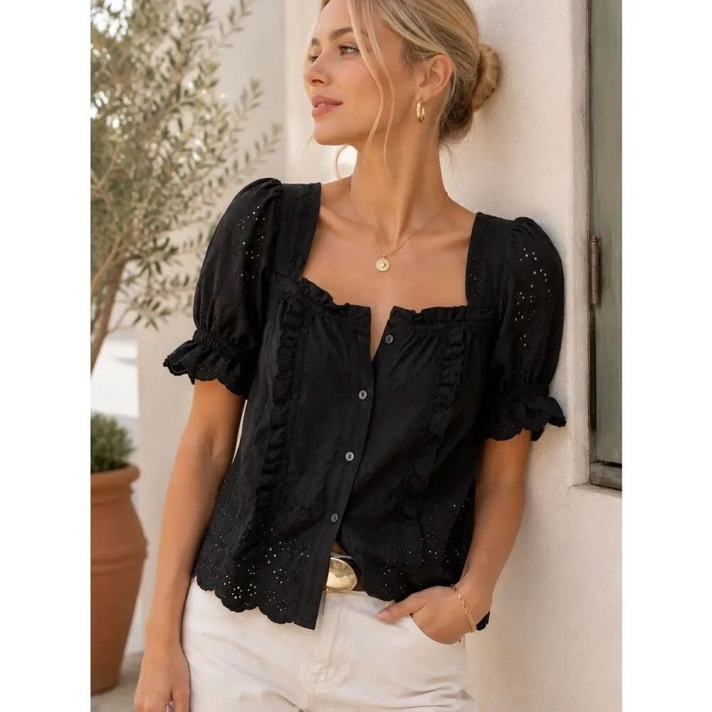 Anthropologie Black Eyelet Puff Sleeve Button Front Blouse XS Cottagecore